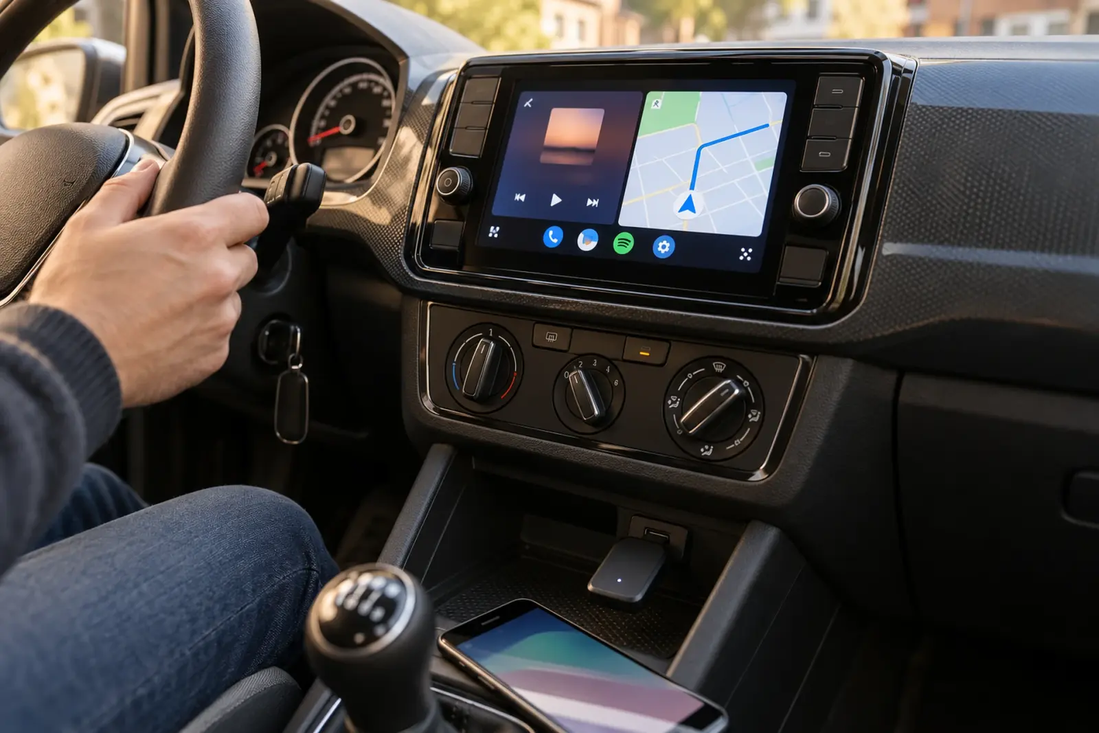 Android Auto met navigatie en muziek op een ingebouwd 2-DIN-scherm in Hilversum, de telefoon ligt in het vak onder de klimaatbediening