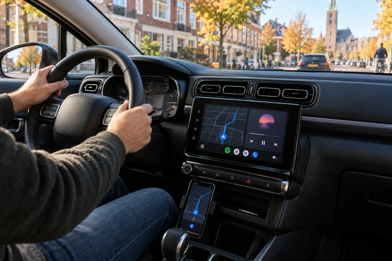Android Auto bestellen in Hilversum: navigatie en muziek op een ingebouwd touchscreen tijdens een rit langs herfstbomen en een kerktoren