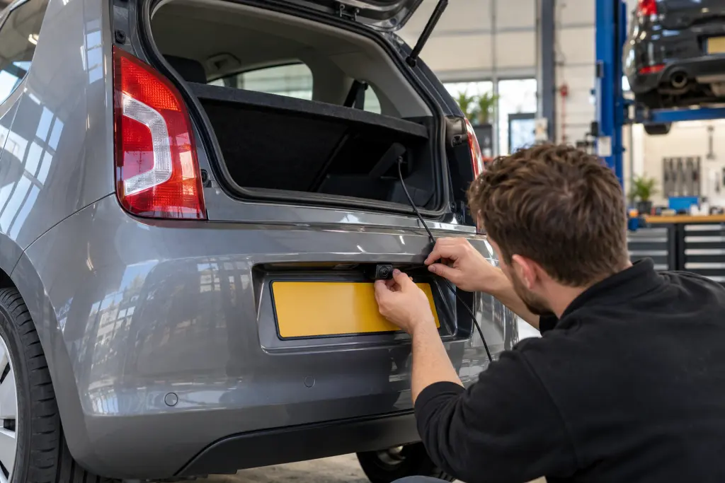 Achteruitrijcamera wordt boven de kentekenplaat van een kleine grijze hatchback gemonteerd voor een klant uit Hilversum
