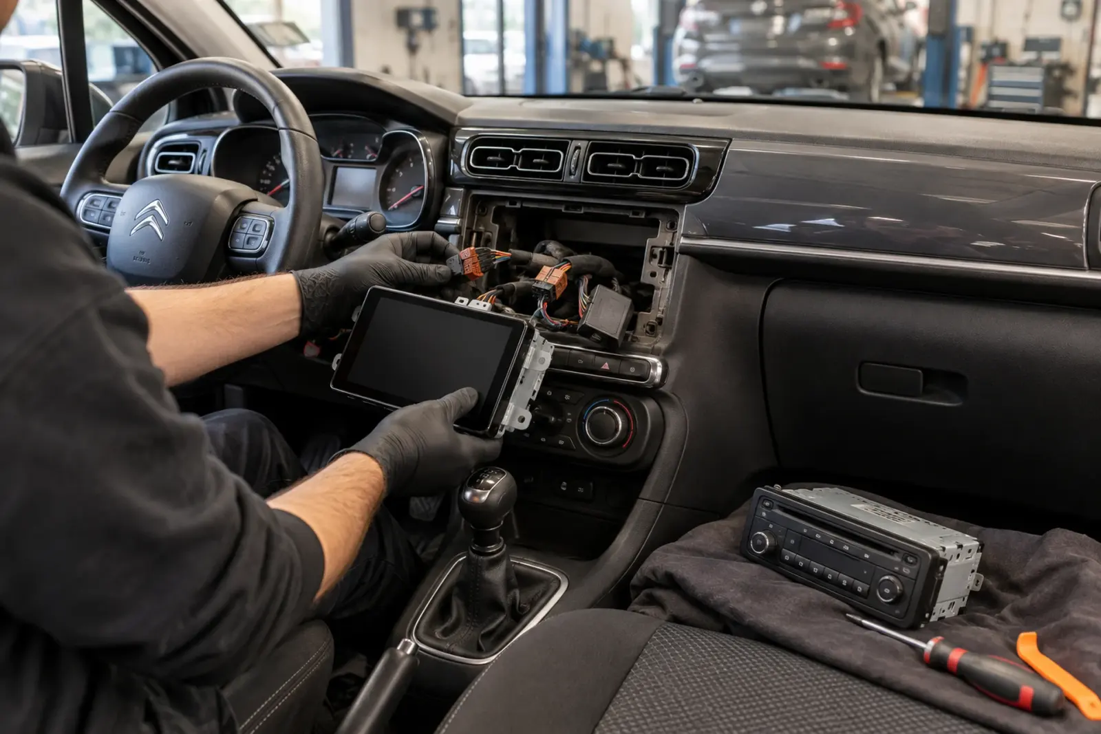 Android Auto radio inbouwen in Hilversum: monteur houdt de nieuwe touchscreenradio voor de open radio-opening van een Citroën, de oude radio ligt op de stoel