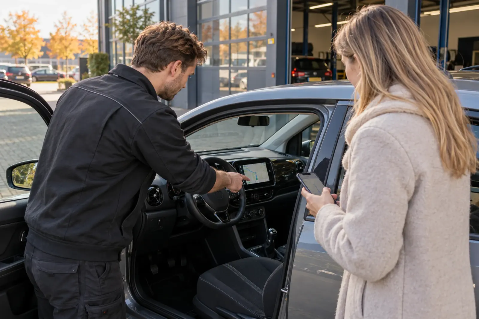 Monteur van de inbouwpartner laat een klant uit Hilversum het nieuwe CarPlay-scherm zien bij de open autodeur voor de werkplaats