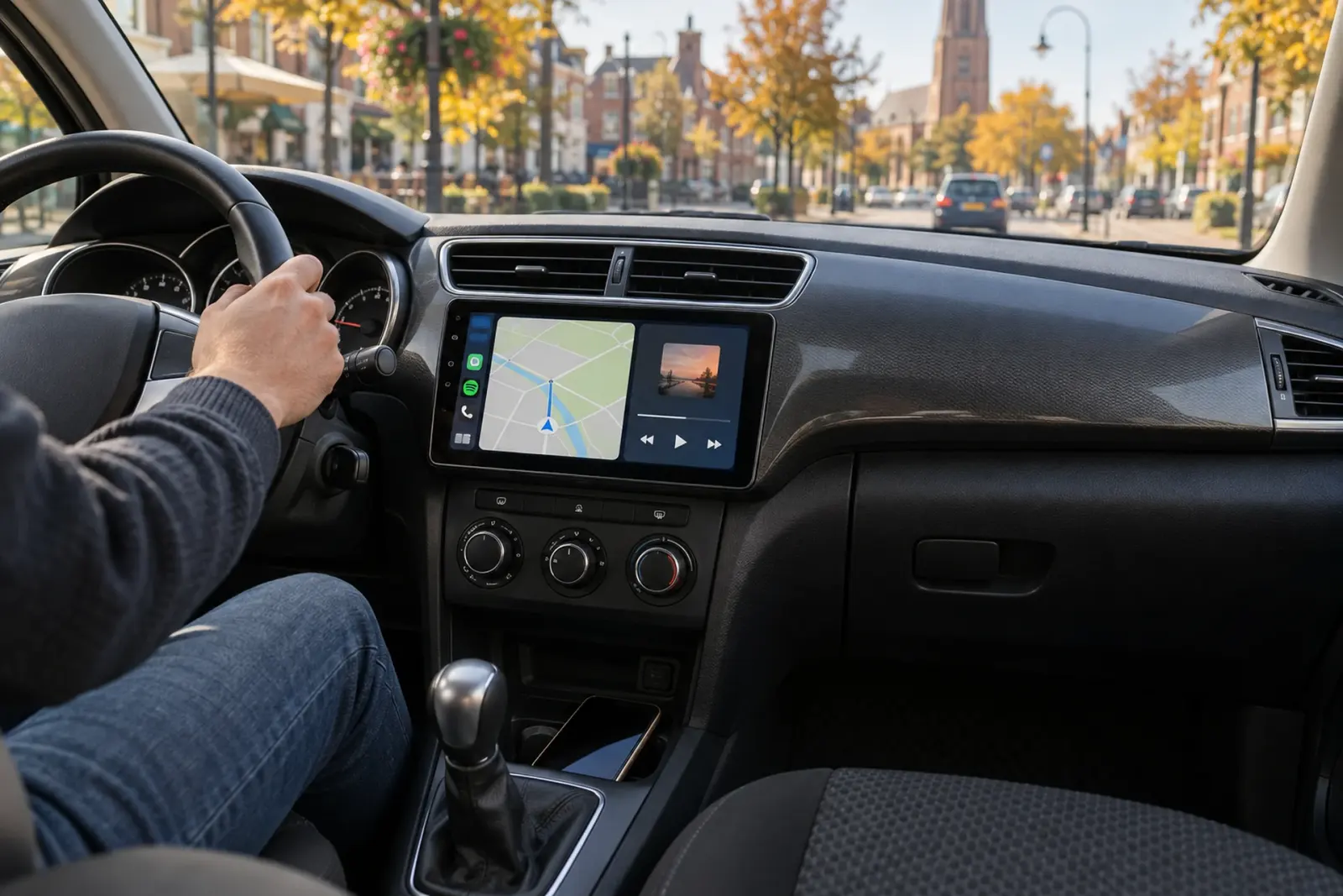 CarPlay bestellen in Hilversum: navigatie op een ingebouwd touchscreen tijdens een rit door een herfstige straat met kerktoren