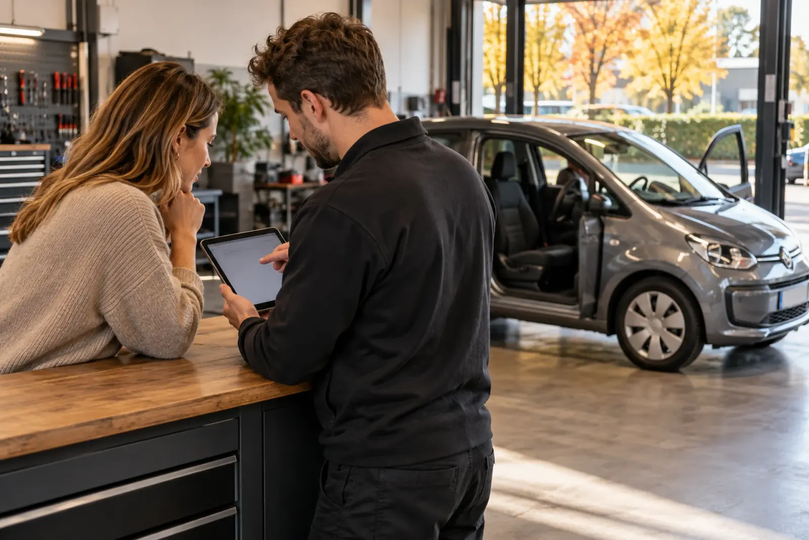 Specialist van de inbouwpartner bespreekt de CarPlay-offerte op een tablet met een klant uit Hilversum, haar grijze auto staat in de werkplaats