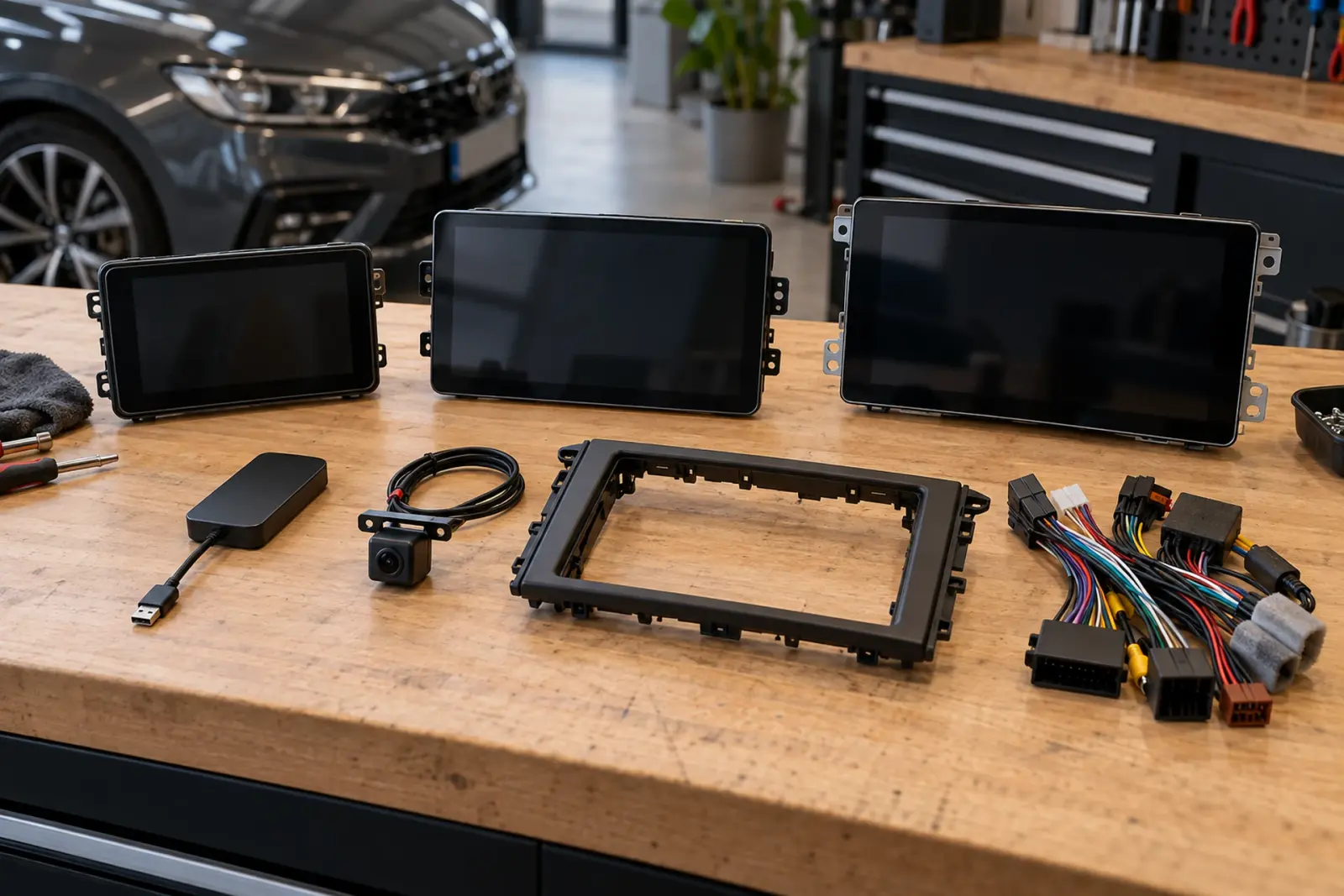 CarPlay prijzen in Hilversum: drie schermen, een draadloze adapter, een achteruitrijcamera, een inbouwframe en kabelbomen uitgestald op de werkbank van de inbouwpartner