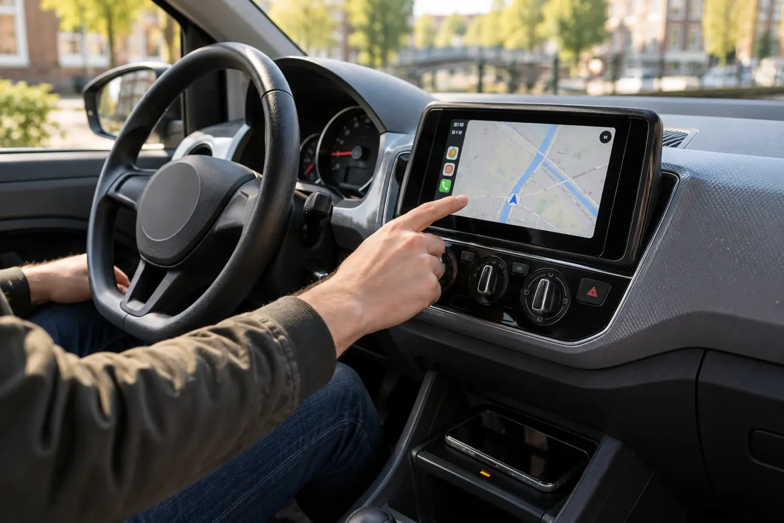 Bestuurder in Hilversum bedient de navigatie op een ingebouwd CarPlay-touchscreen van circa 9 inch