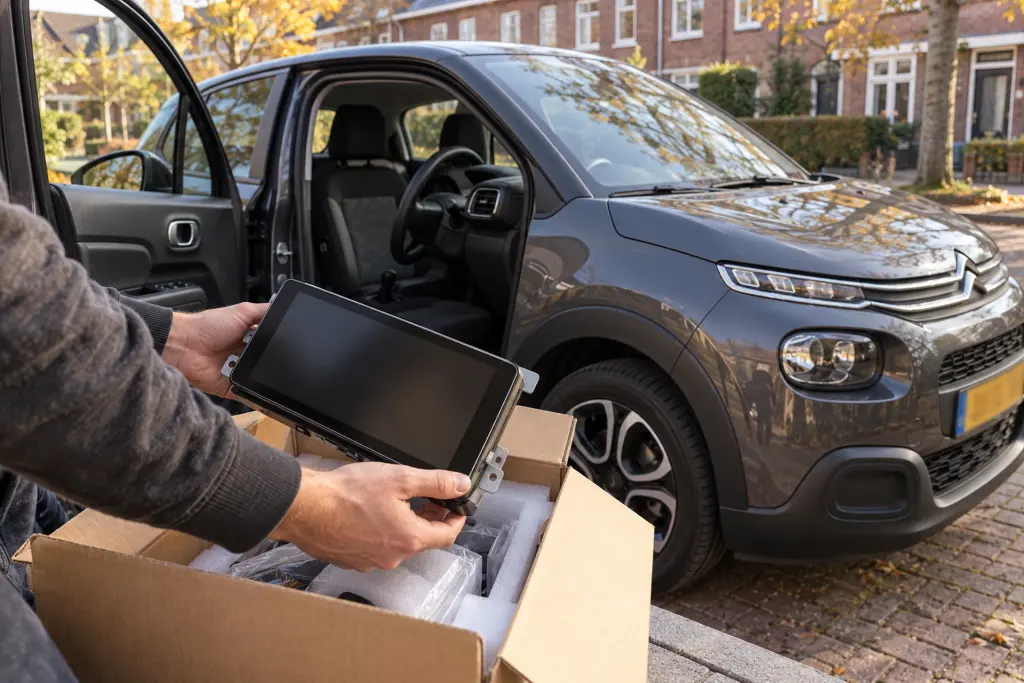Nieuw CarPlay-touchscreen wordt uit de doos gehaald naast een grijze Citroën in een woonstraat in Hilversum