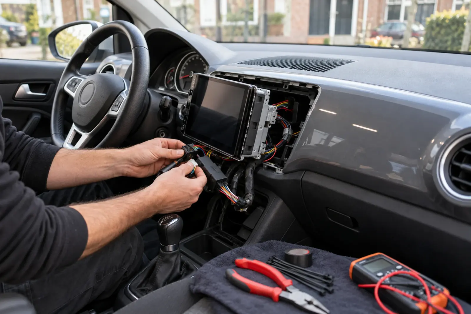 Monteur sluit de kabelboom en interface aan achter een CarPlay-scherm in een auto uit Hilversum, met multimeter en gereedschap op de stoel