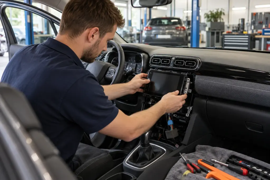 Monteur schuift een CarPlay-scherm in het dashboard van een Citroën in de werkplaats van de inbouwpartner voor regio Hilversum
