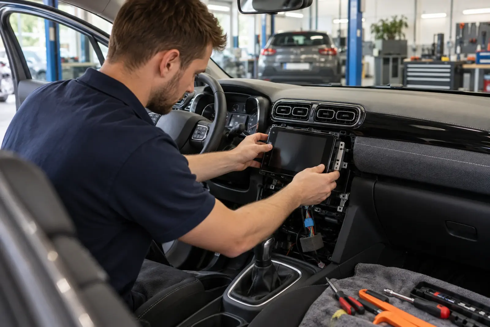 CarPlay scherm inbouwen in Hilversum: monteur schuift een nieuw touchscreen in het dashboard van een Citroën in de werkplaats van de inbouwpartner